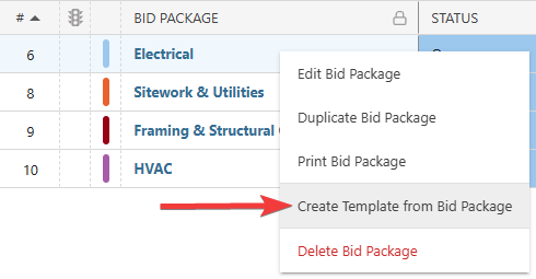 Create Template from Bid Package option in ConstructionOnline