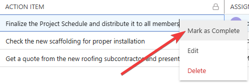 ConstructionOnline's "Mark as Complete" option for Meeting Minute Action Items