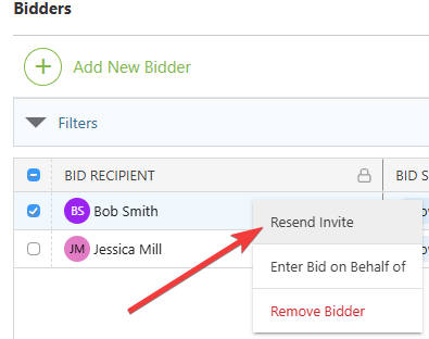 ConstructionOnline's "Resend Invite" option for Bid Packages