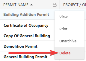 ConstructionOnline's "Delete" option for permits