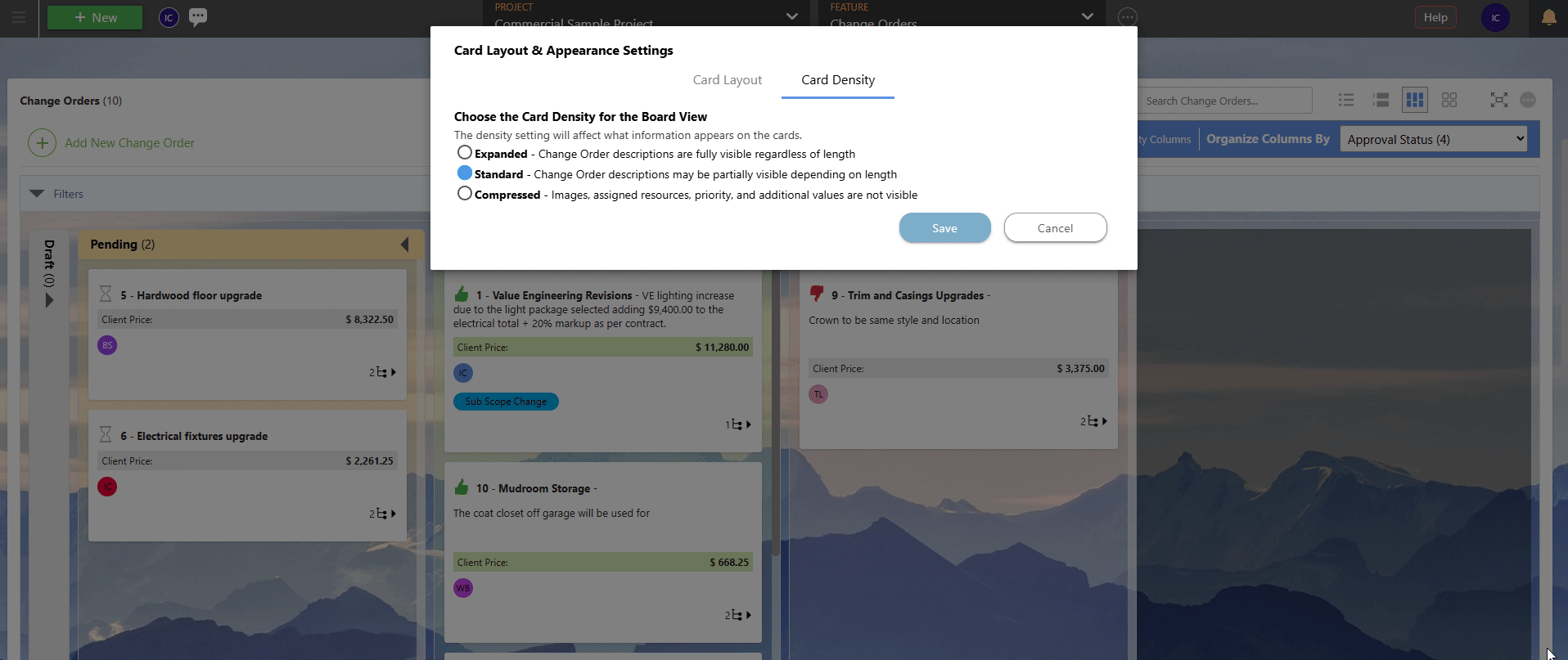 ConstructionOnline's Change Order card density options in Board View 