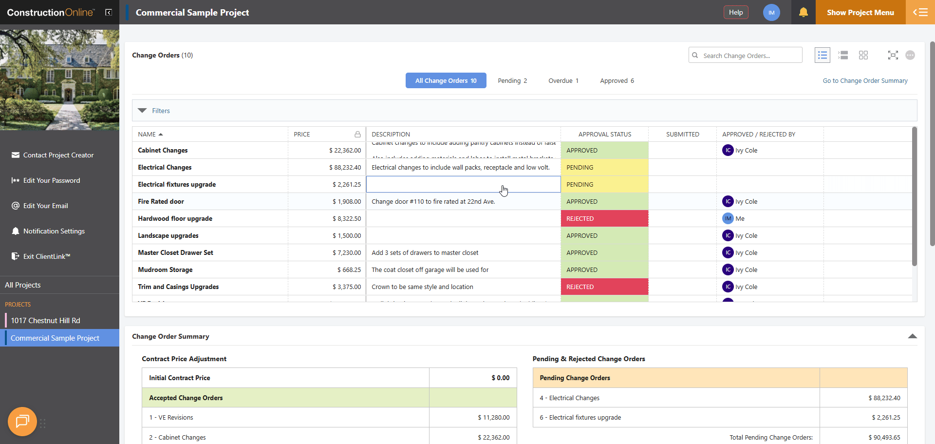 ConstructionOnline's View Change Order option in the ClientLink Portal