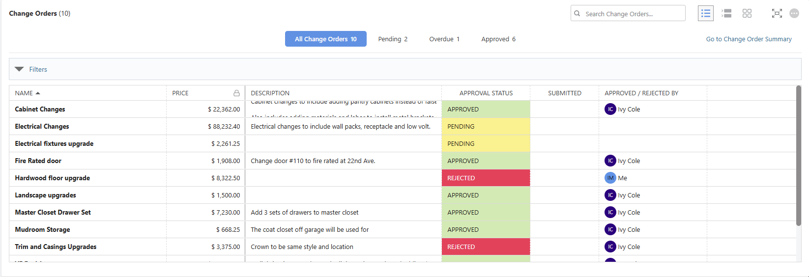 Change Order views in the ClientLink Portal