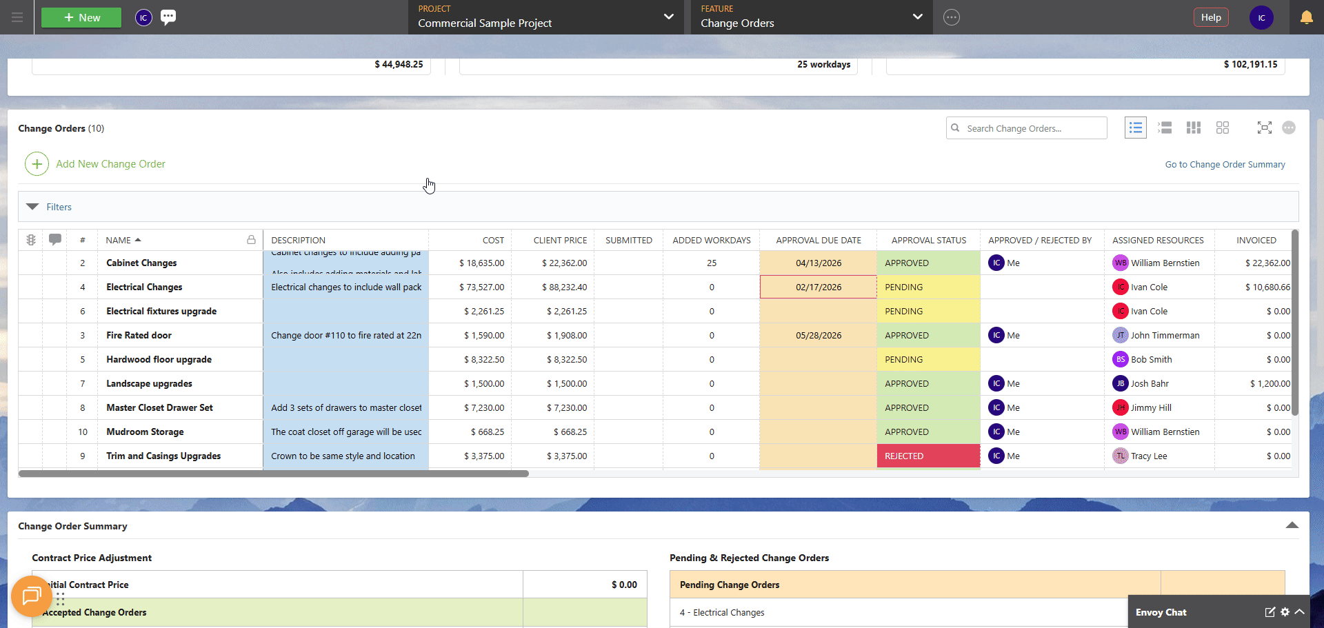ConstructionOnline's Column Order & Visibility settings for Change Orders