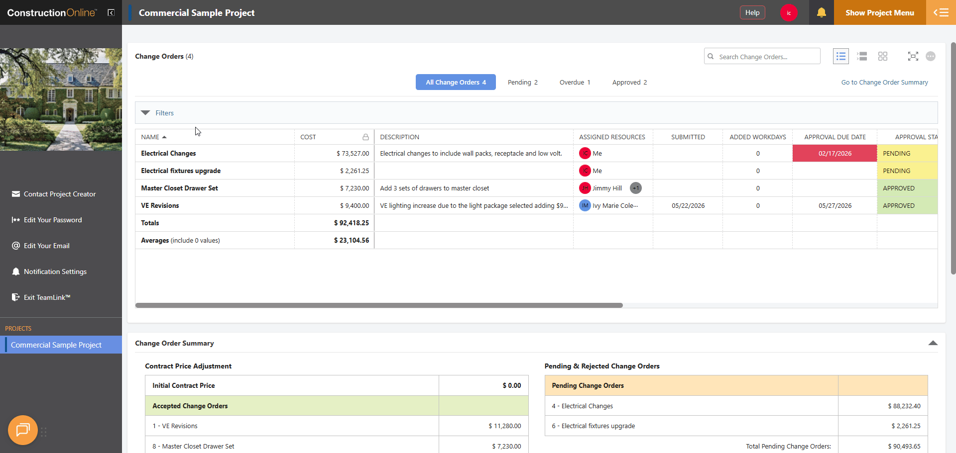 ConstructionOnline's Change Order Details extension blade in the TeamLink Portal