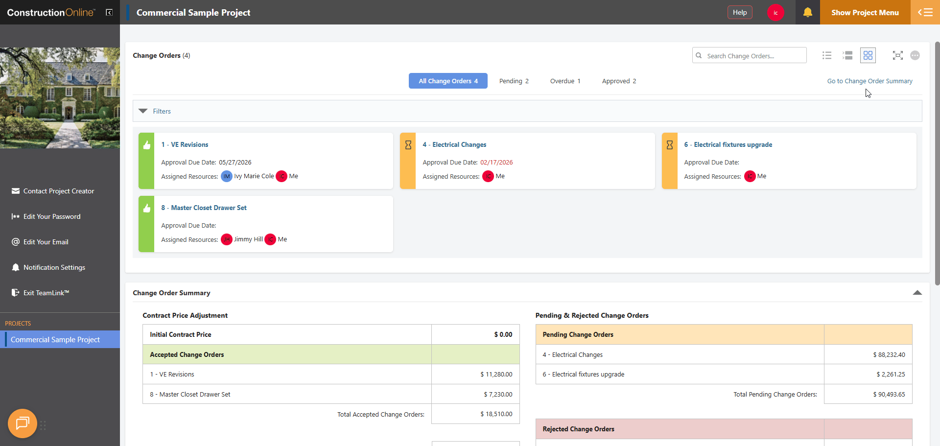 ConstructionOnline's "Go to Change Order Summary" text in the TeamLink Portal