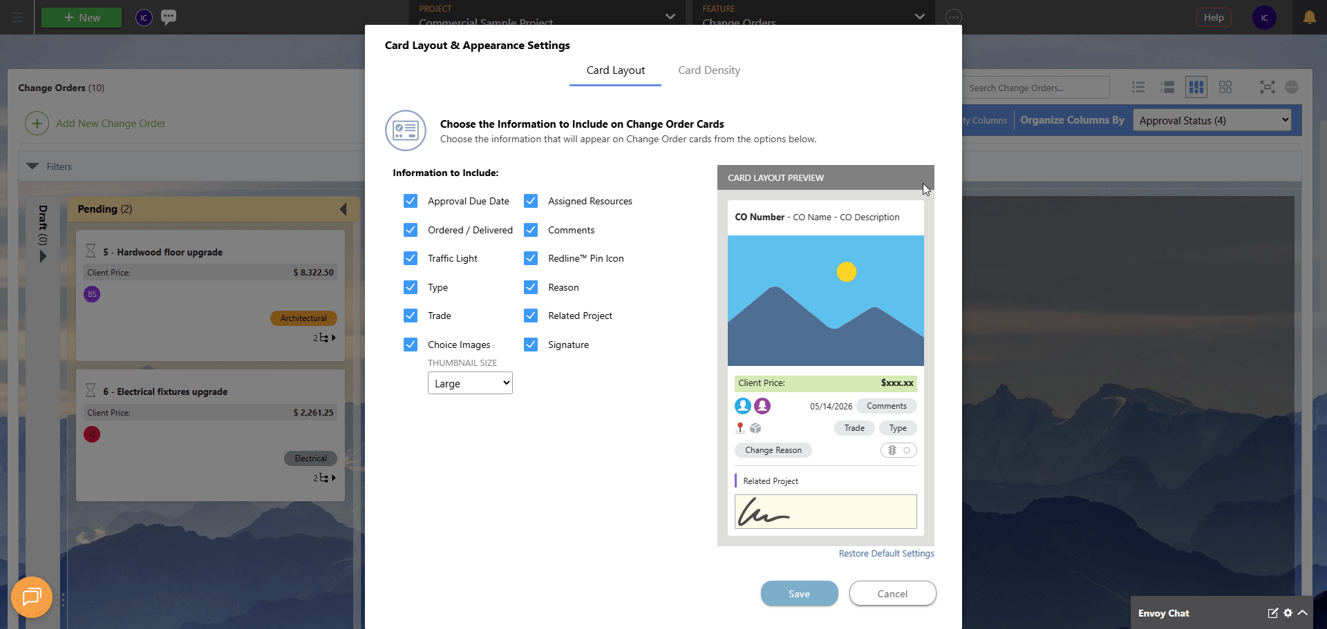 ConstructionOnline's Card layout settings for Change Order cards in Board View 