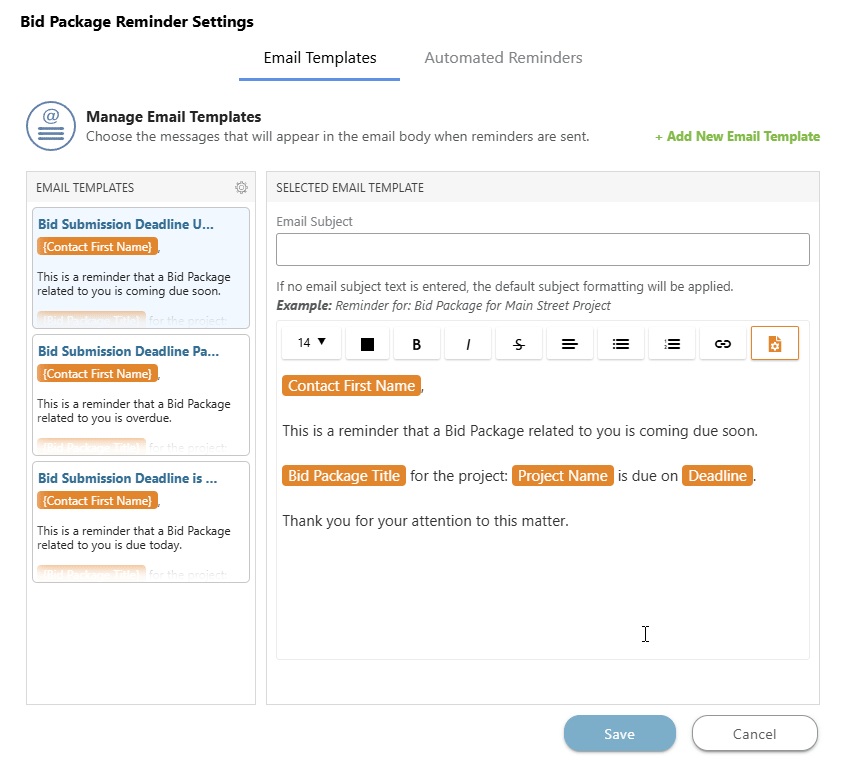 Bid Package Reminders in ConstructionOnline
