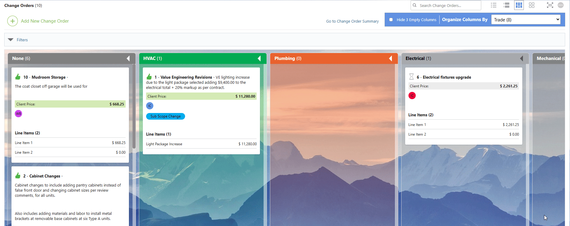 ConstructionOnline's set column color for Change Orders in Board View 