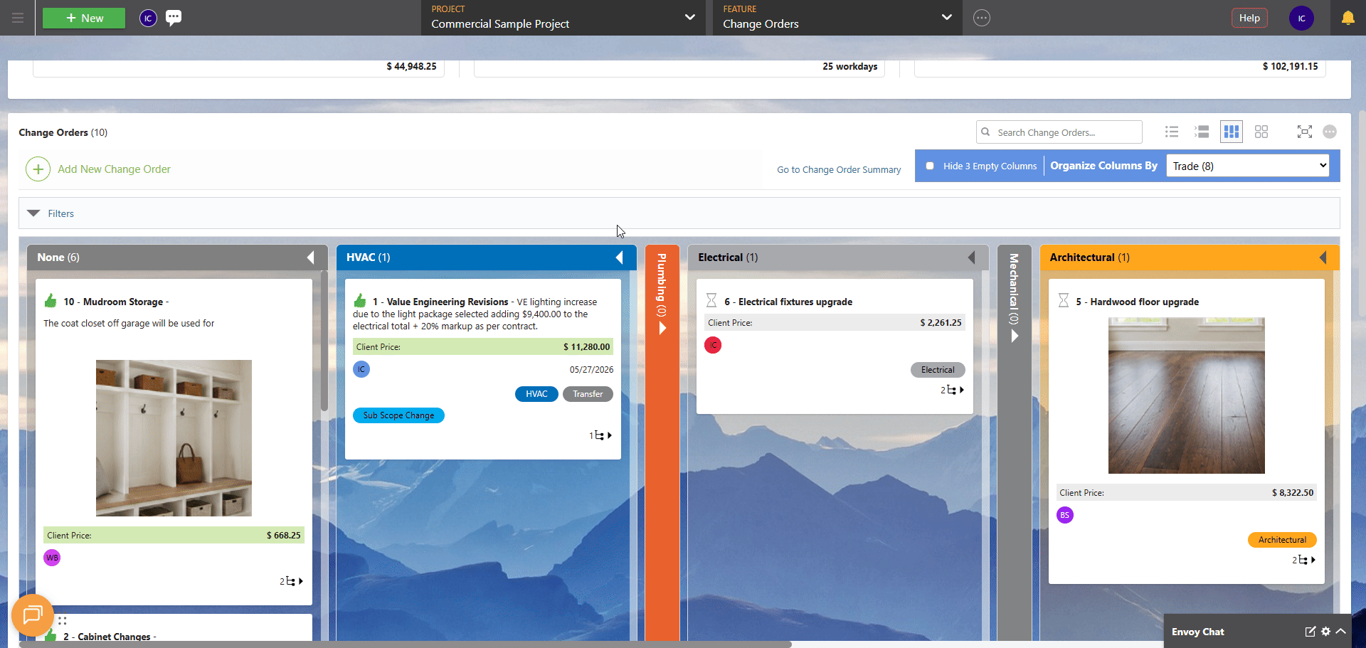 ConstructionOnline's Change Order Details extension blade in Board View