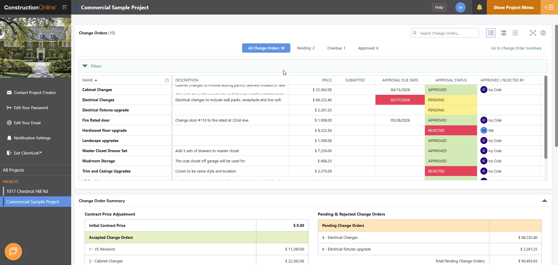 Column Order & Visibility for Change Orders in the ClientLink Portal