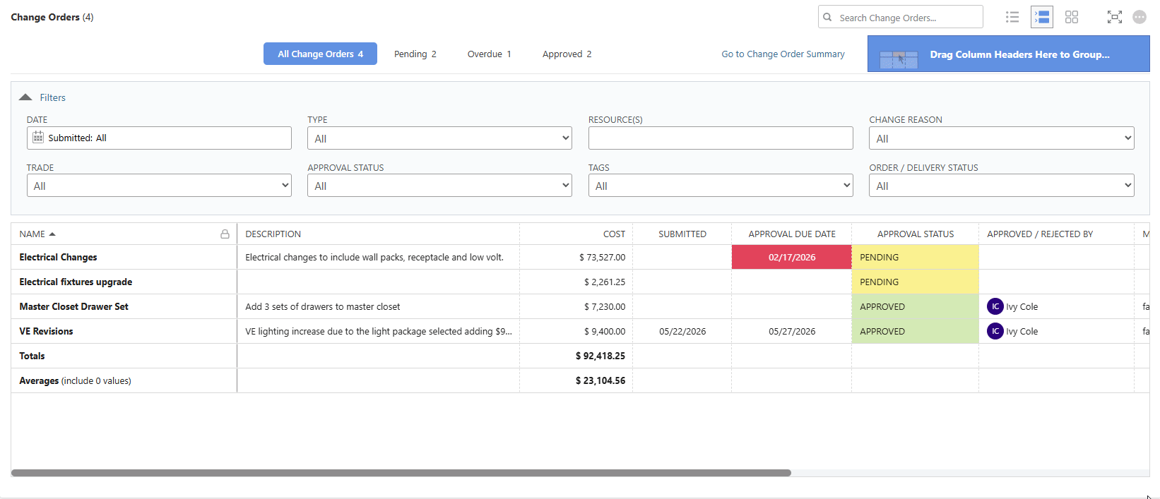 ConstructionOnline's Change Order filters in the TeamLink Portal