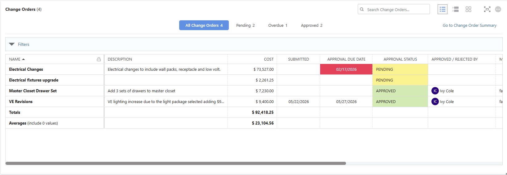 ConstructionOnline Change Order Views in the TeamLink Portal