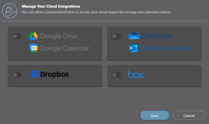 Toggle to integrate ConstructionOnline with any of the project management platform's cloud integration options