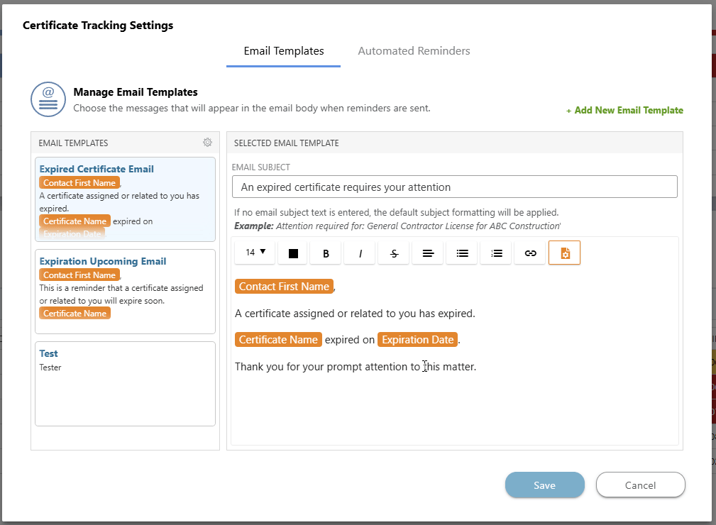 Setting insurance and certificate reminders including configuring email templates and reminder automations
