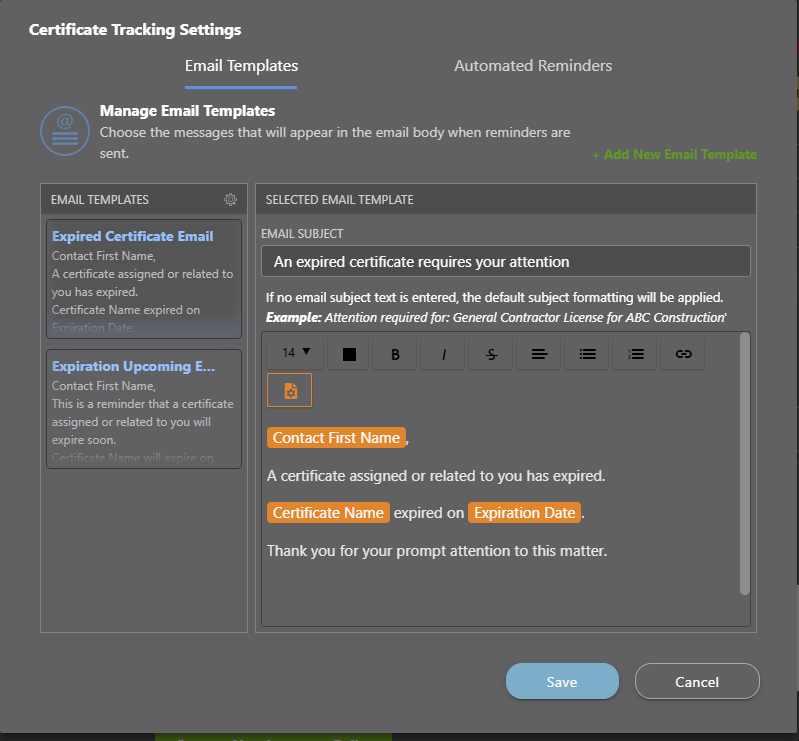 Setting insurance and certificate reminders including configuring email templates and reminder automations