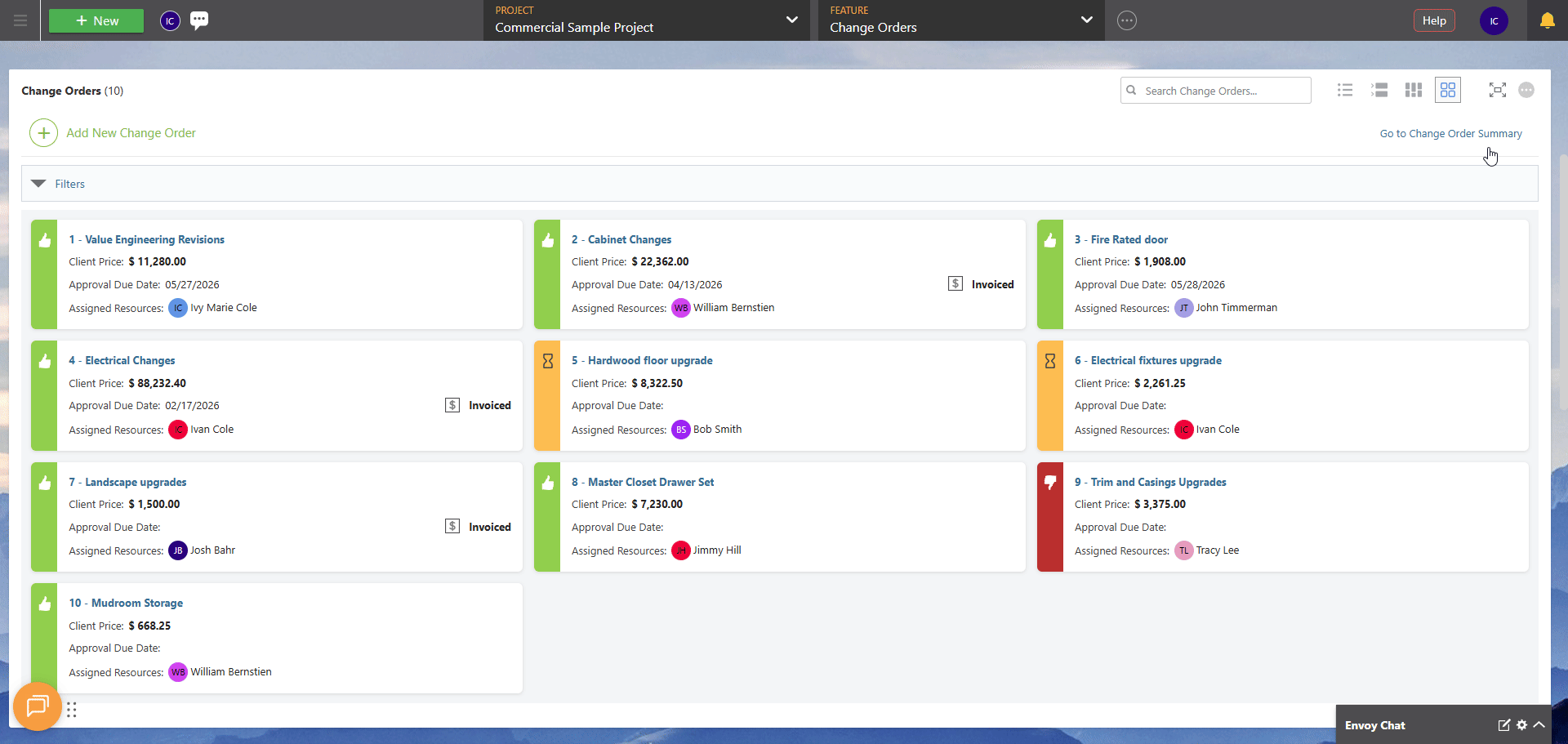 ConstructionOnline's Change Order Details extension blade in Card View