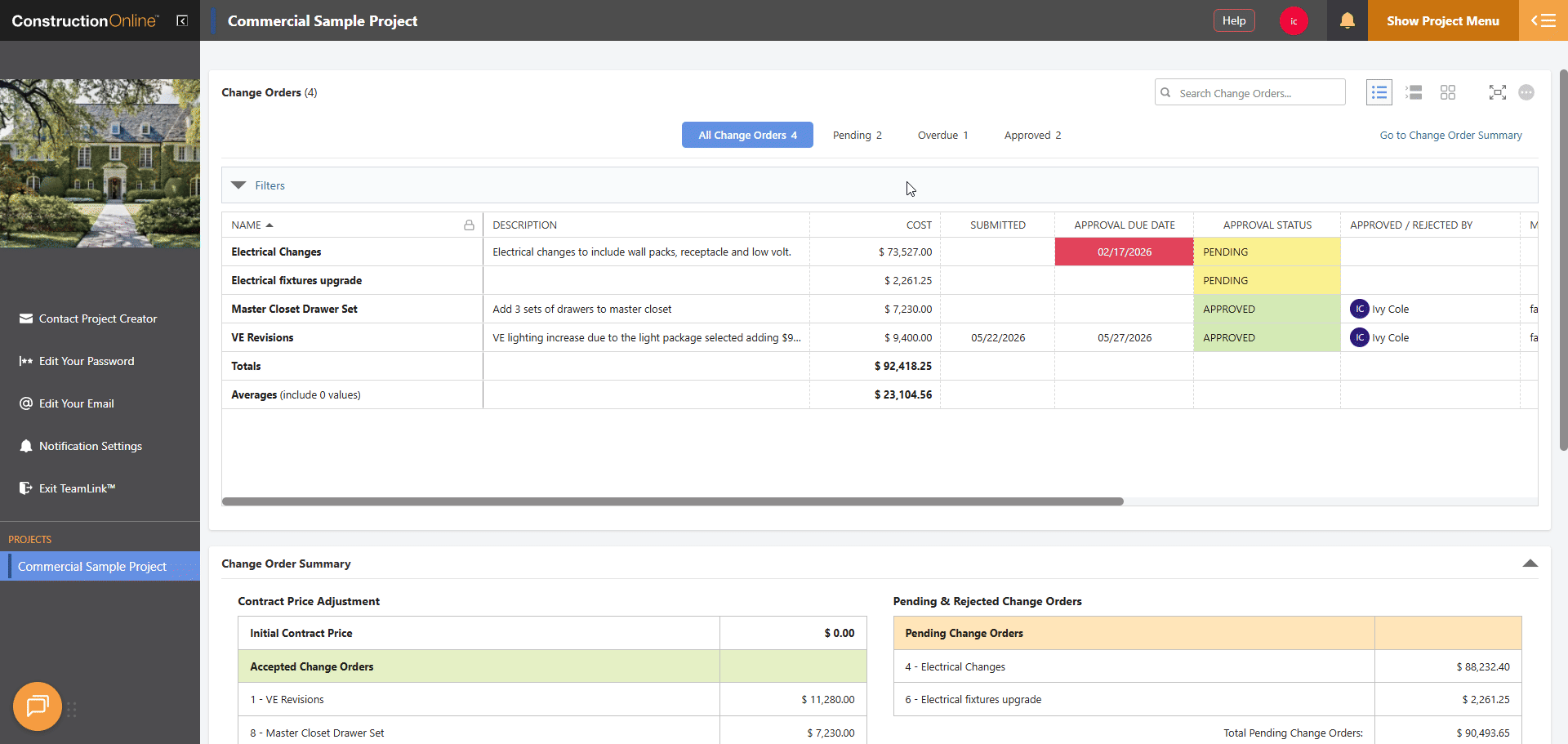 ConstructionOnline's Change Order Column Order & Visibility settings in TeamLink