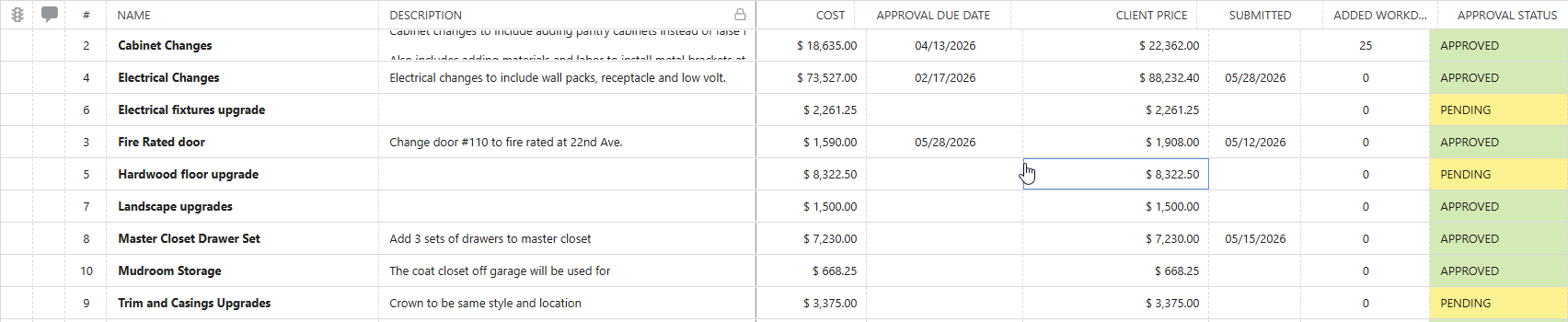 Color coding columns in ConstructionOnline's Change Orders List View