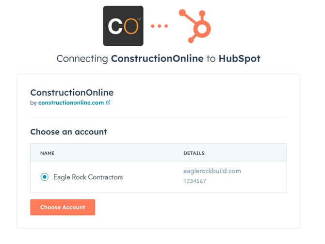 ConstructionOnline's HubSpot account selection screen