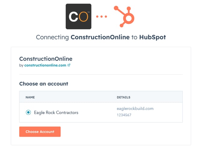 ConstructionOnline's HubSpot account selection screen