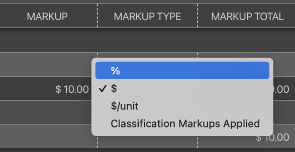 Dropdown menu for the markup type column
