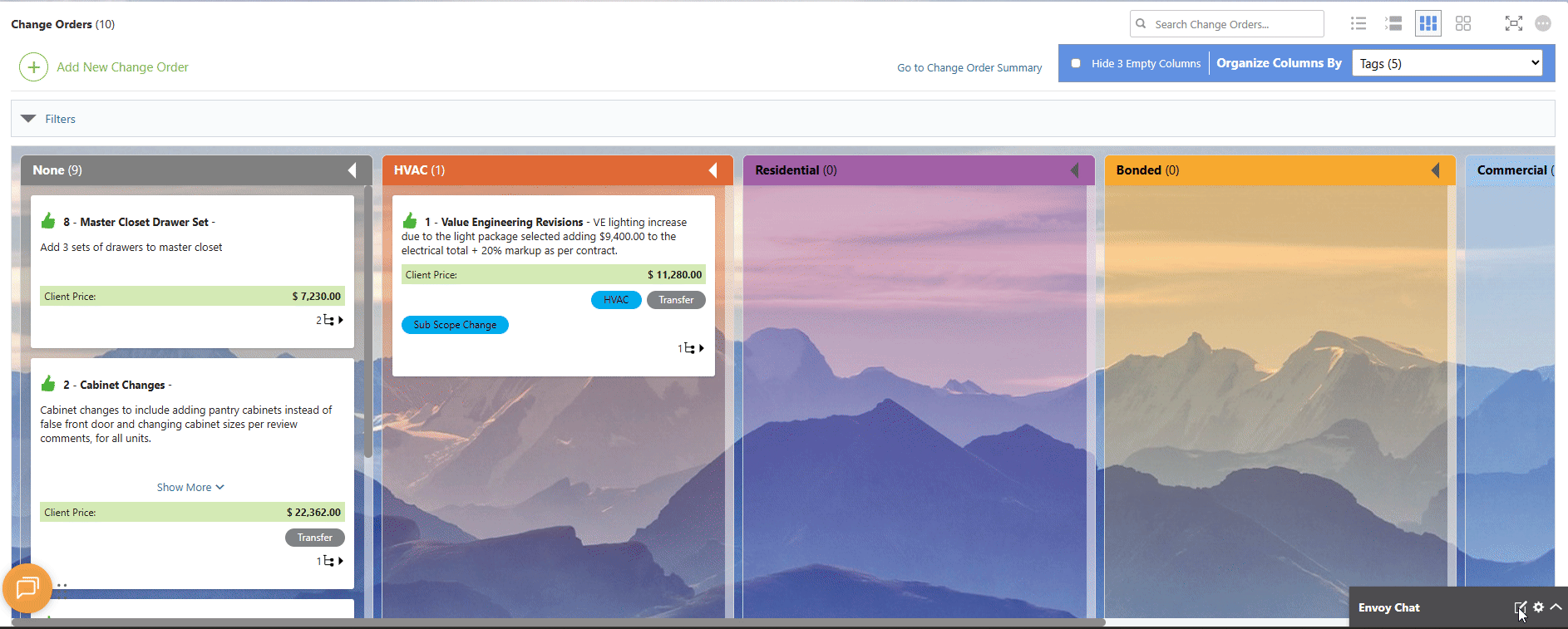 ConstructionOnline's bulk drag-and-drop of Change Order cards in Board View 