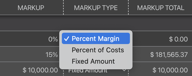 Dropdown menu for markup type in Company Overhead and Margin