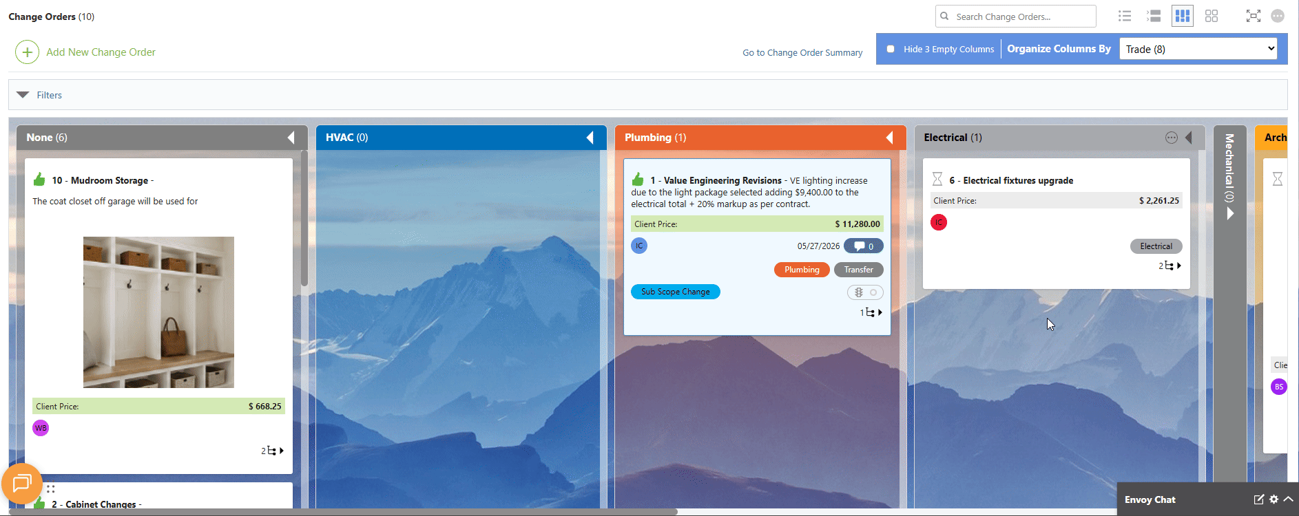 ConstructionOnline's Change Order card drag-and-drop between columns in Board View