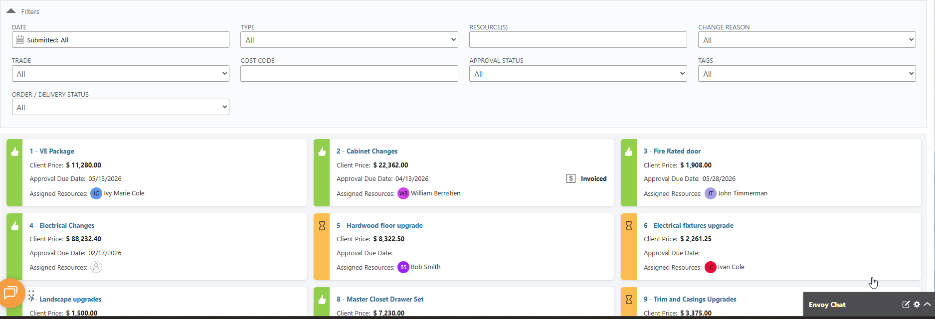 ConstructionOnline's Filter options for Change Orders