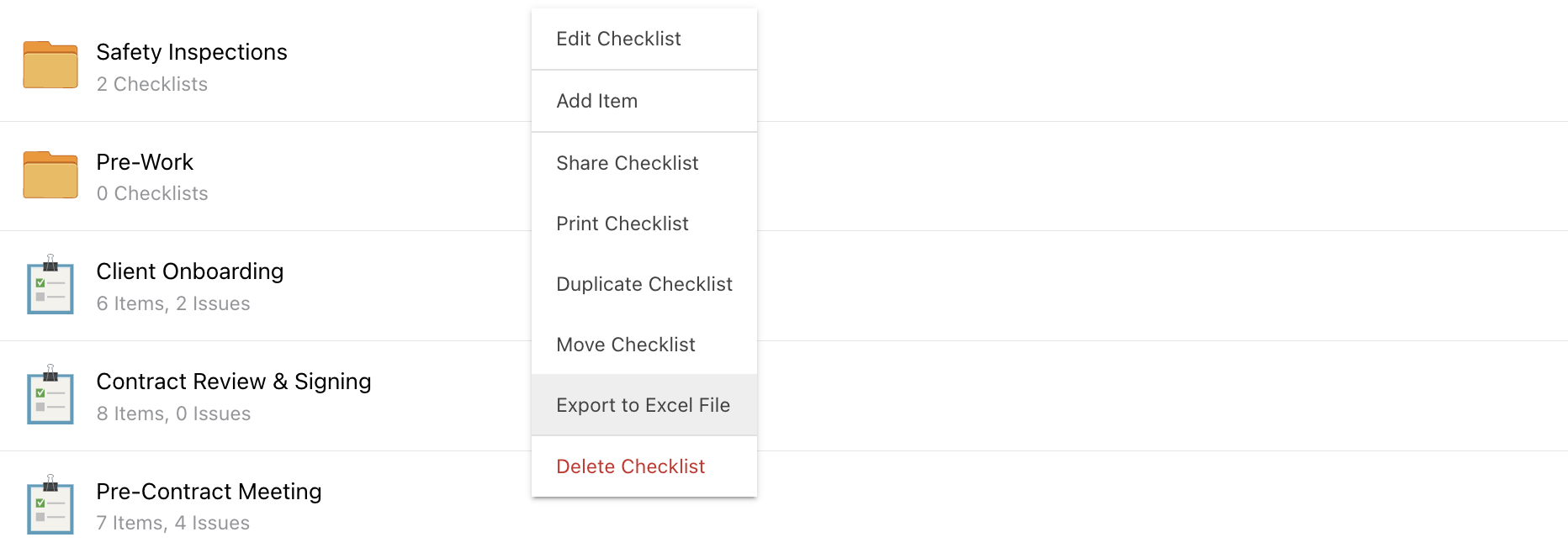 export construction checklist to excel file